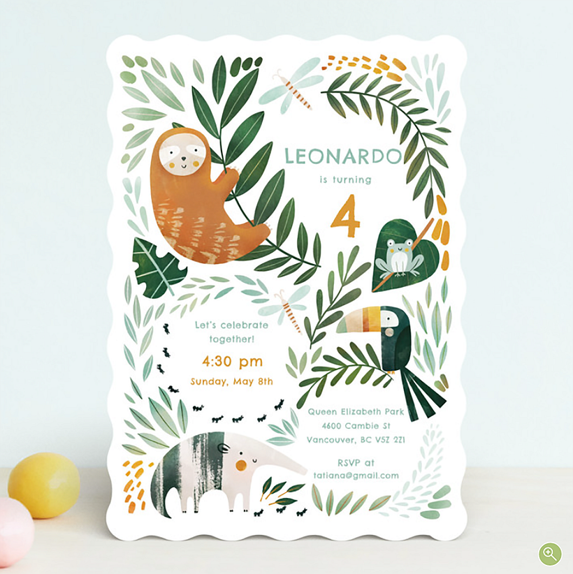 Sloth jungle birthday invite created for Minted