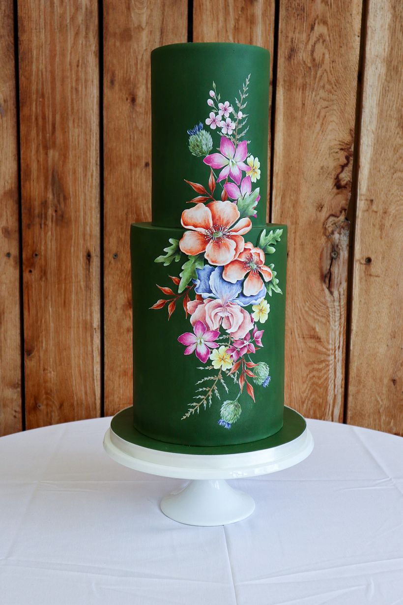 Hand painted Autumnal flowers on moss green 2