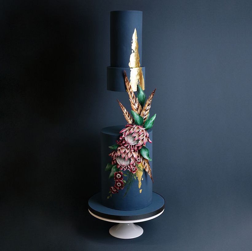 Hand painted proteas and pheasant feathers on a navy background 2