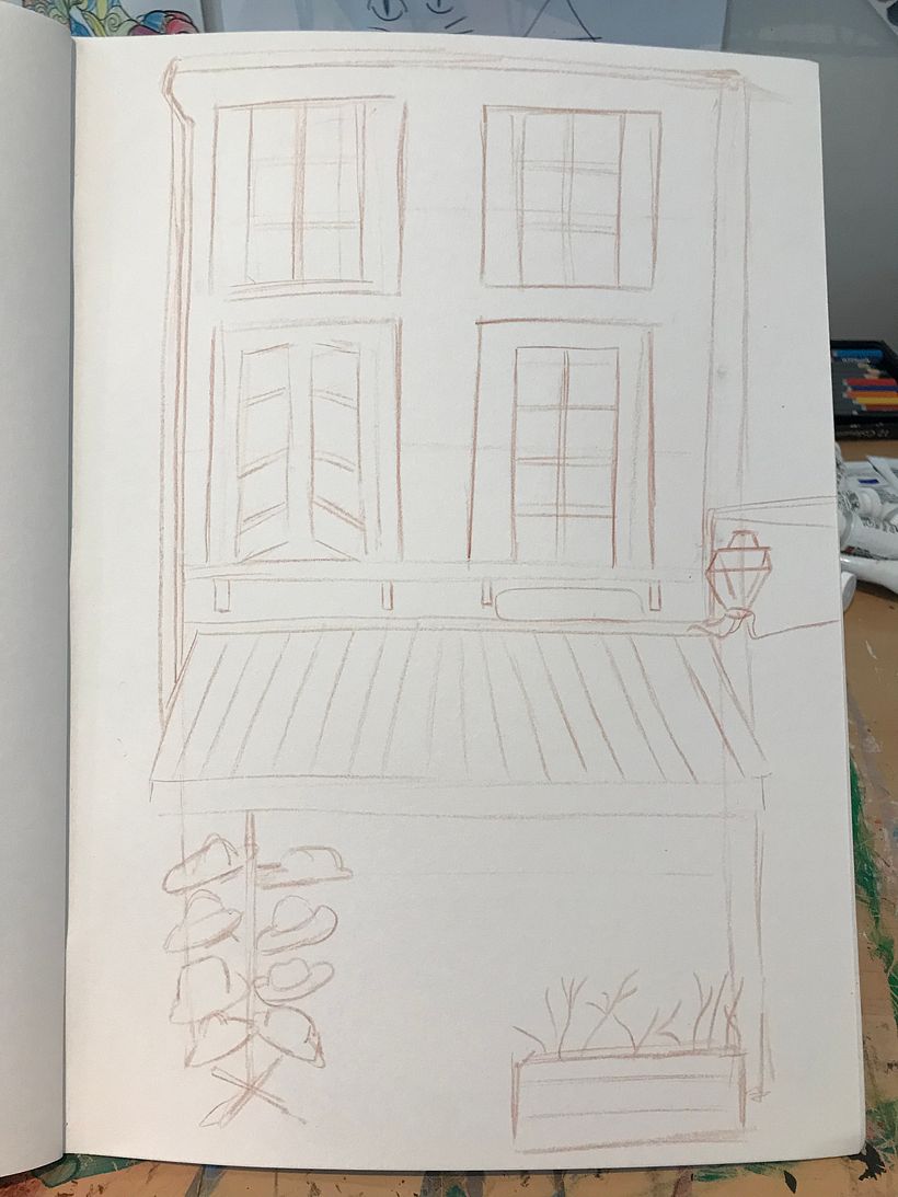 Starting sketch, using the hat stand from Google street view and the trough with red flowers from my photo