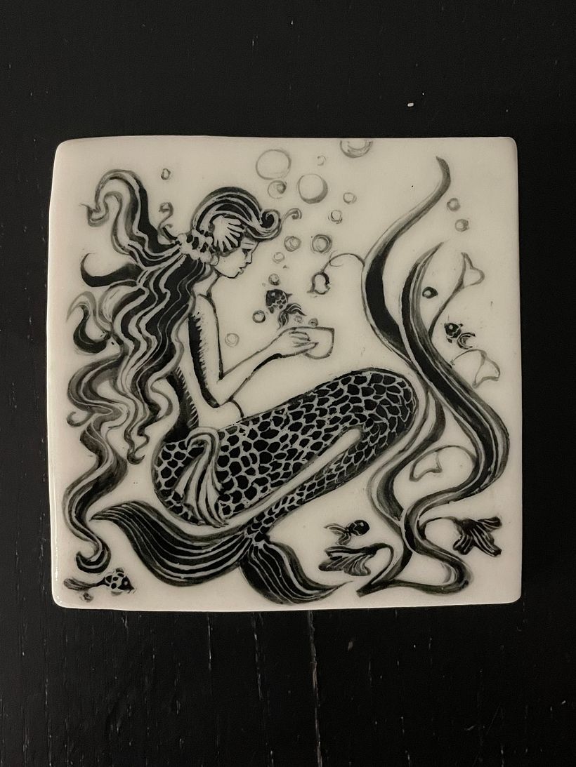 The little mermaid has a guest for tea! Ceramic porcelain tile. 10cm x 10cm