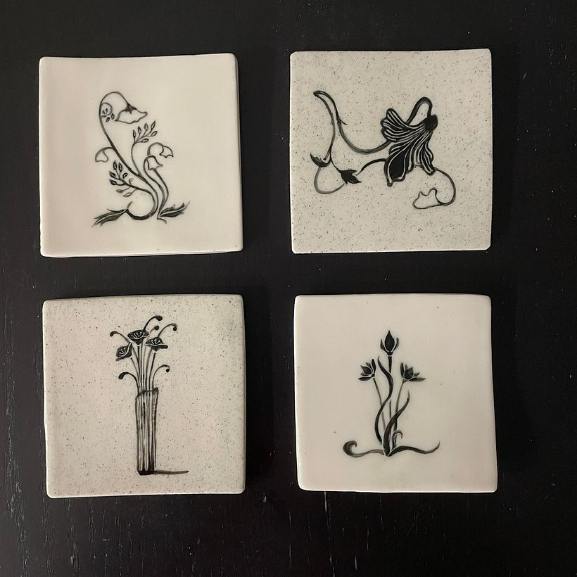 The 4 art nouveau tiles I practised the technique on.