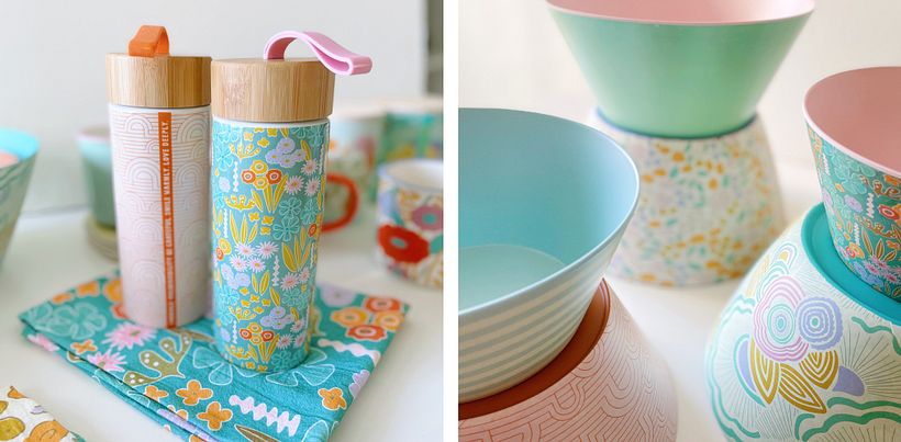 Stoneware water bottles, organic cotton tea towels, compostable bamboo bowls