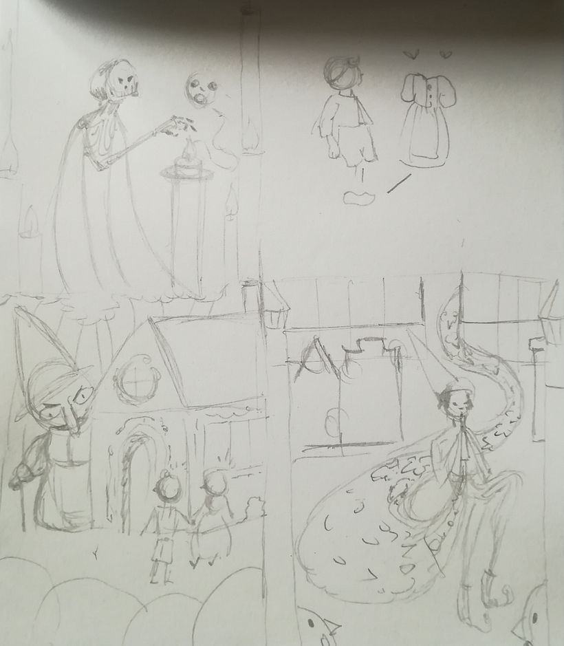 First trials. I hesitated between several tales: Hansel and Gretel, Godmother Death and the Pied Piper of Hamlin.