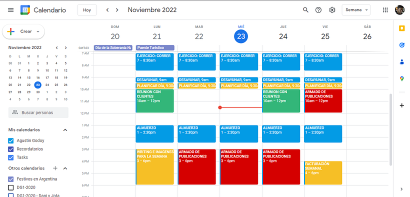 Apliqué la técnica de Time blocking en el calendario para organizar y gestionar mi semana
