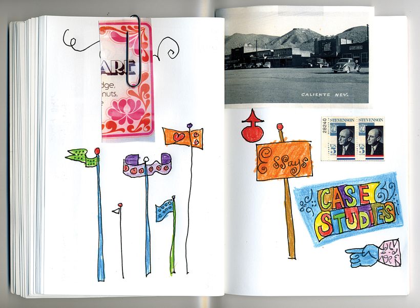 a border I liked, sketches of flags, photo from my grandparents, and stamps with my grandmother's cousin Adlai Stevenson