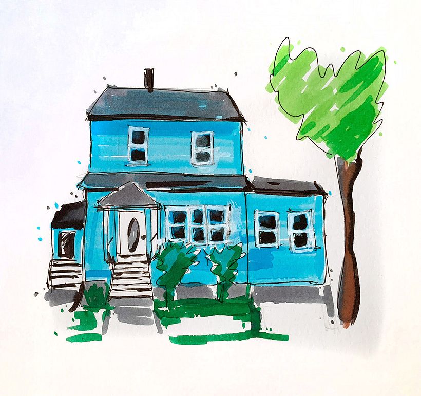 My fist sketch: my house. I really don't like my markers, but don't want to buy more right now. Will try water colors next.