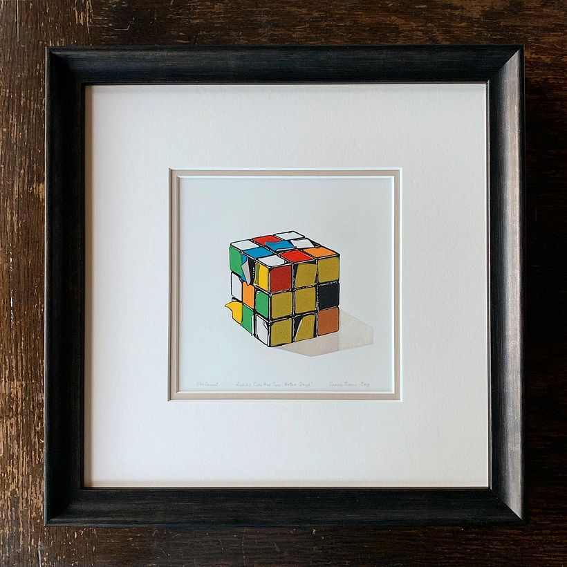 'Rubik's Cube Has Seen Better Days' (2019) - multi-block reduction linocut