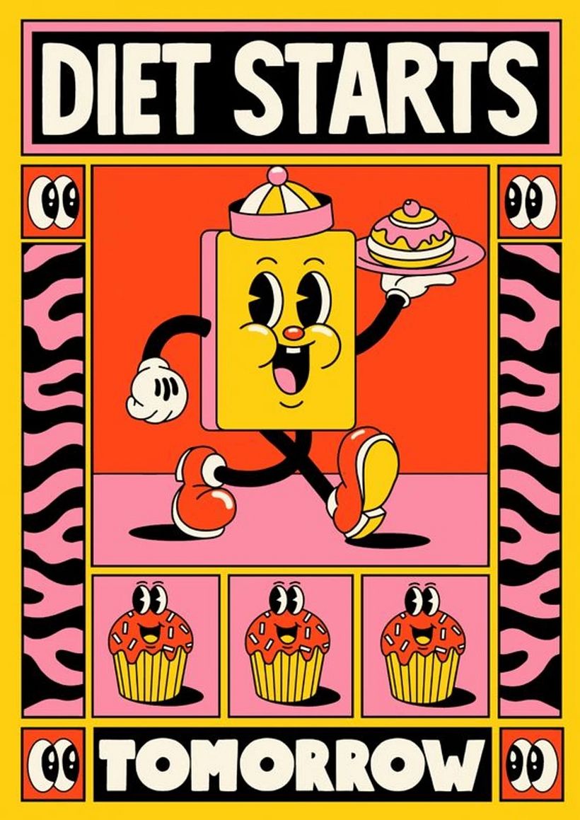 Example of the work of Yeye Weller, German artist and illustrator with a retro flat style, one of the trends of 2023.
