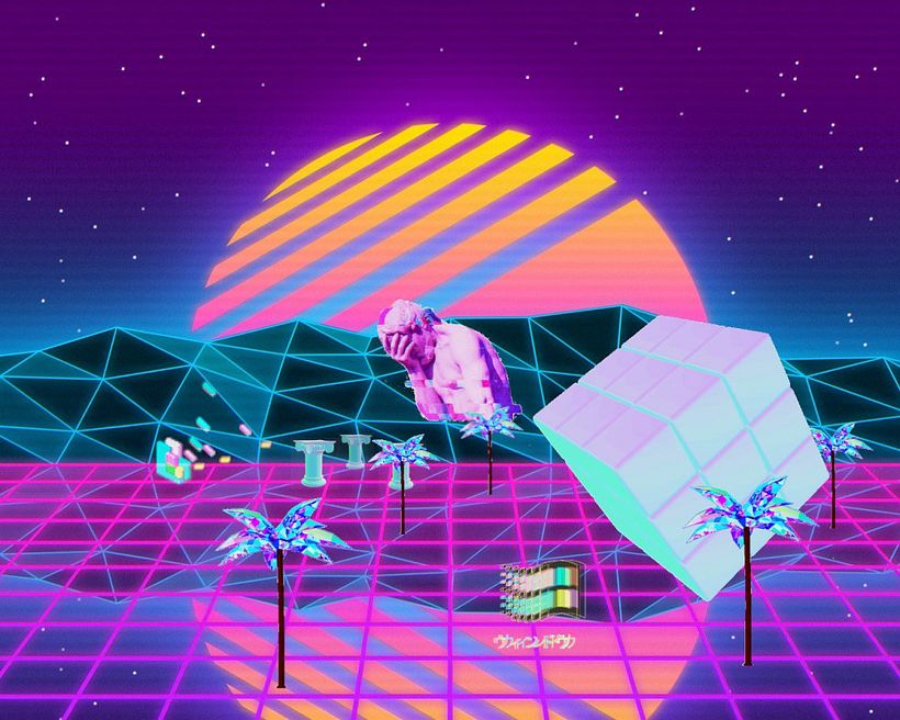 Example of a vaporwave style design, a trend that will be left behind in 2023.
