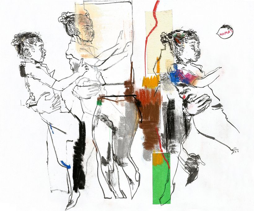 Drawing in ink and chalk pastel on copy paper. Mixed media.