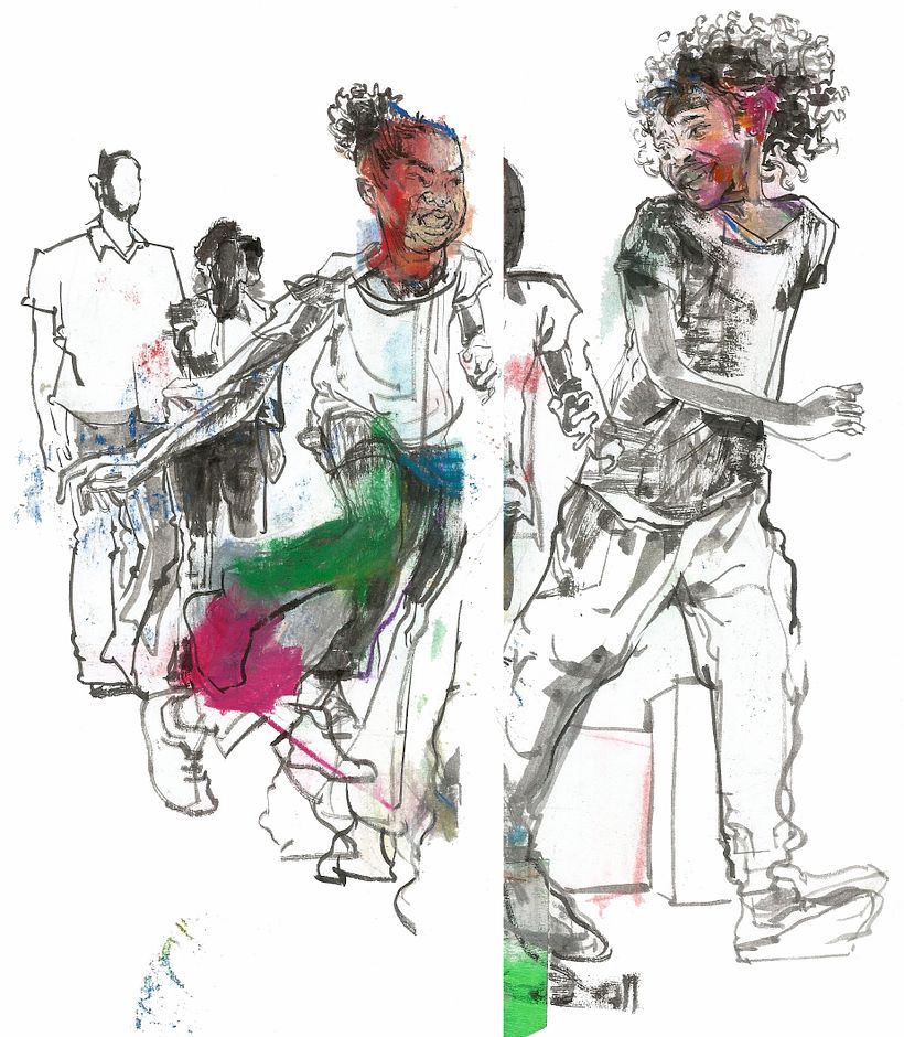 Drawing in ink and chalk pastel on copy paper.