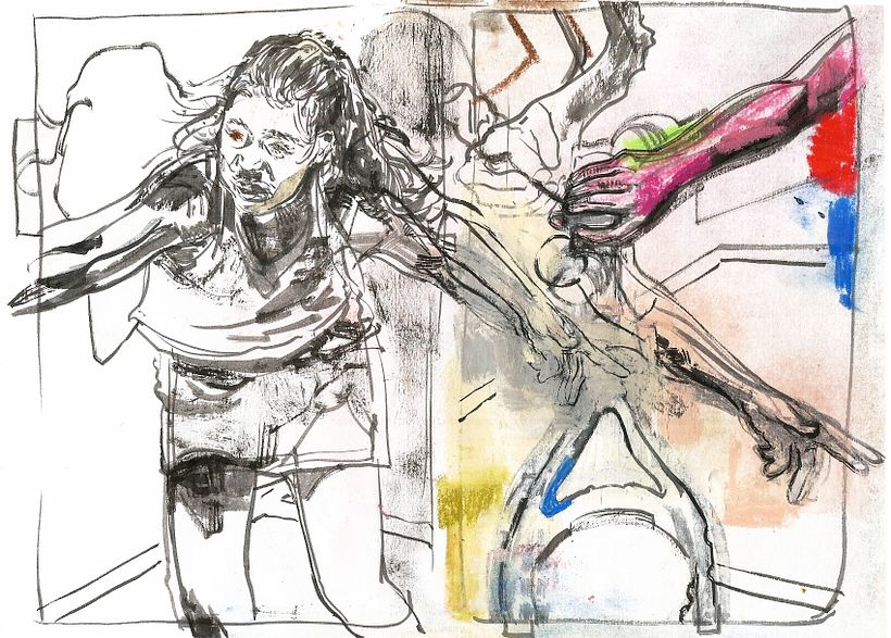 Drawing in ink and chalk pastel on copy paper.