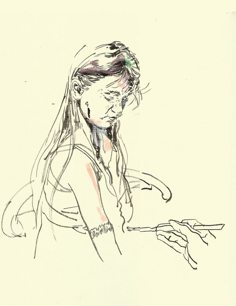 Drawing in ink and chalk pastel on toned linen paper.