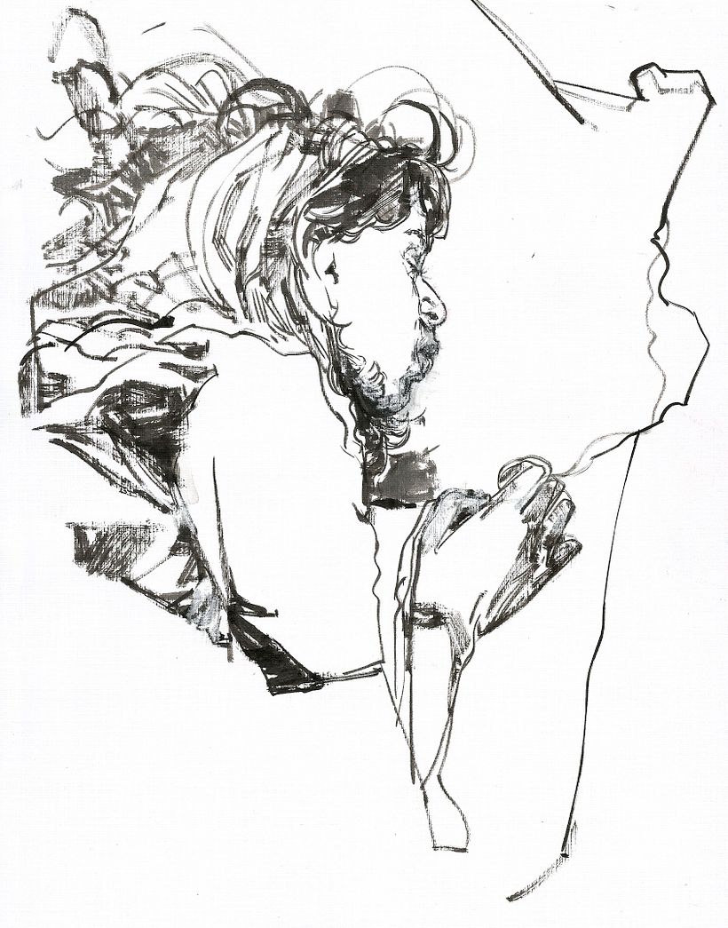 Drawing in ink and chalk pastel on linen paper.
