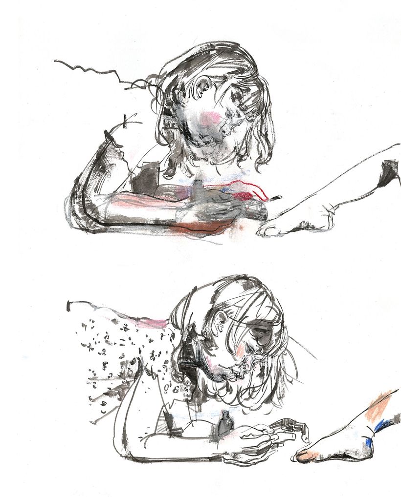 Drawings in ink and chalk pastel on cardstock paper.