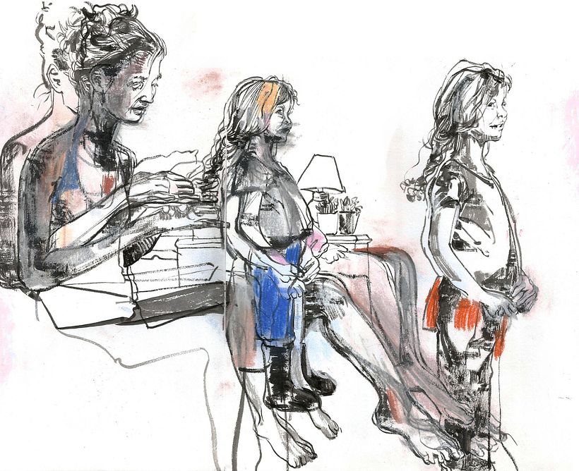 Drawing in ink and chalk pastel on cardstock paper.