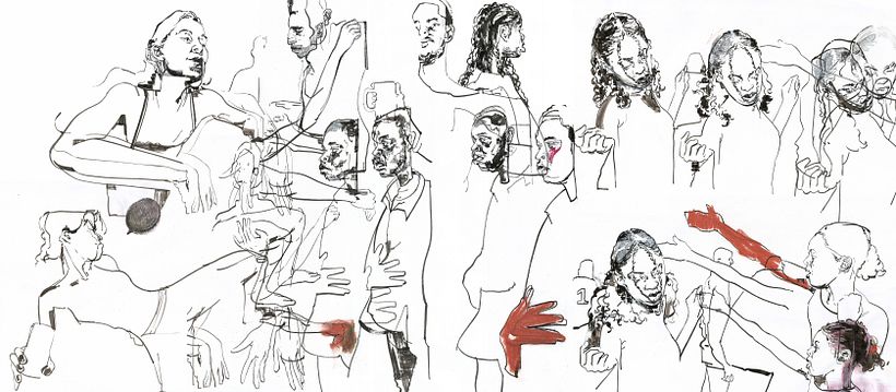 Collage of drawings in ink and chalk pastel on copy paper.