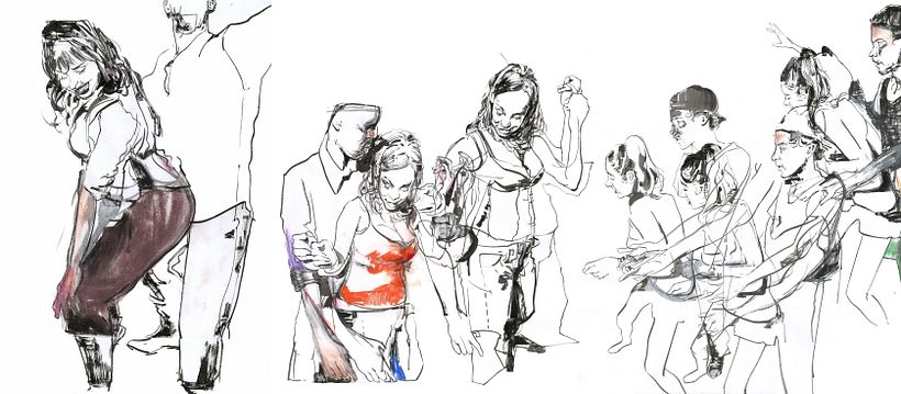 Collage of drawings in ink and chalk pastel on copy paper.