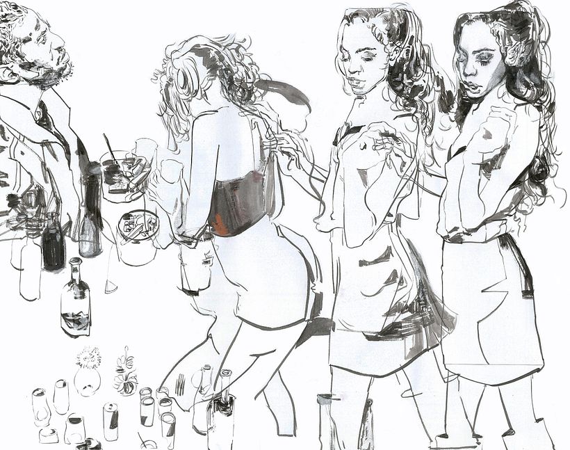 Collage of drawings in ink and chalk pastel on copy paper.