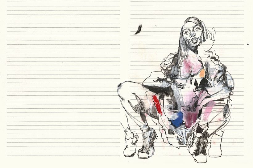Drawing in ink and chalk pastel on lined paper.