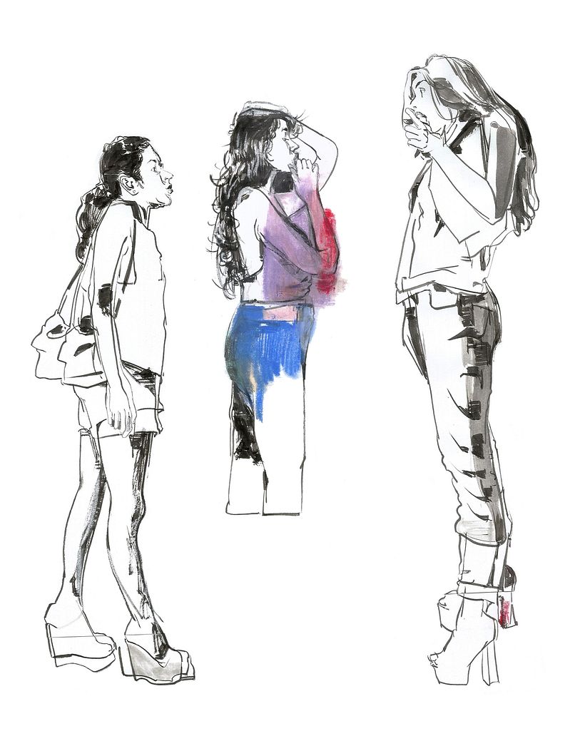 Collage of drawings in ink and chalk pastel on copy paper.