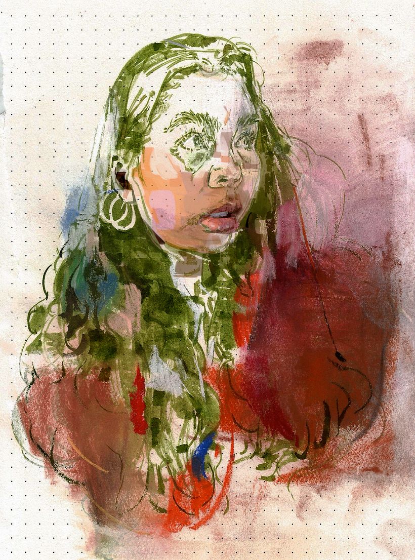 Drawing in ink and chalk pastels on toned dotted paper. Digital and mixed media.