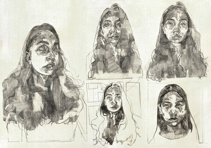 Drawings in graphite and charcoal pencil on moleskine paper.