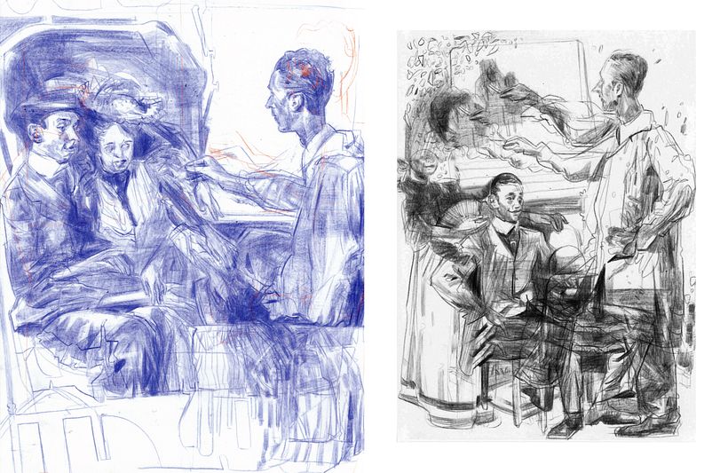 Drawings in wax pencil on mylar.