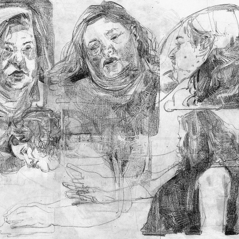 Collage of drawings in graphite on rice paper.