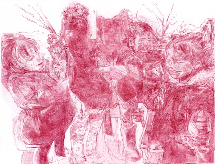 Drawing in wax pencil on mylar.