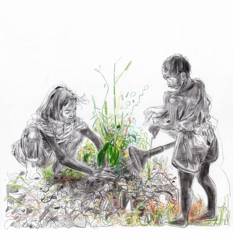Drawing in wax pencil on mylar.