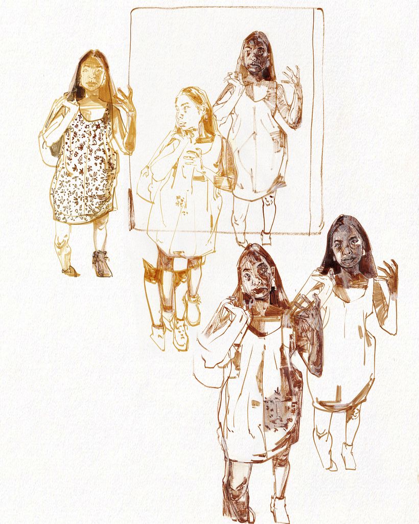 Collage of drawings in ink and chalk pastel on copy paper.