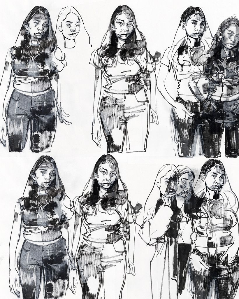 Collage of drawings in ink and chalk pastel on copy paper.