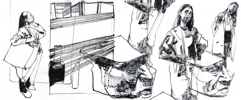 Collage of drawings in ink and chalk pastel on copy paper.