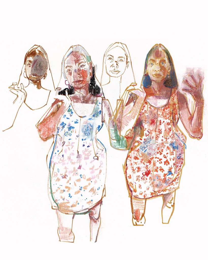 Collage of drawings in ink and chalk pastel on copy paper.