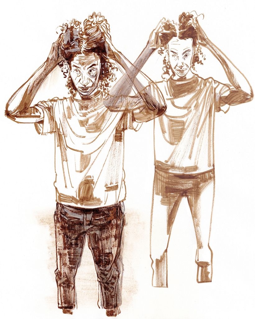 Collage of drawings in ink and chalk pastel on copy paper.