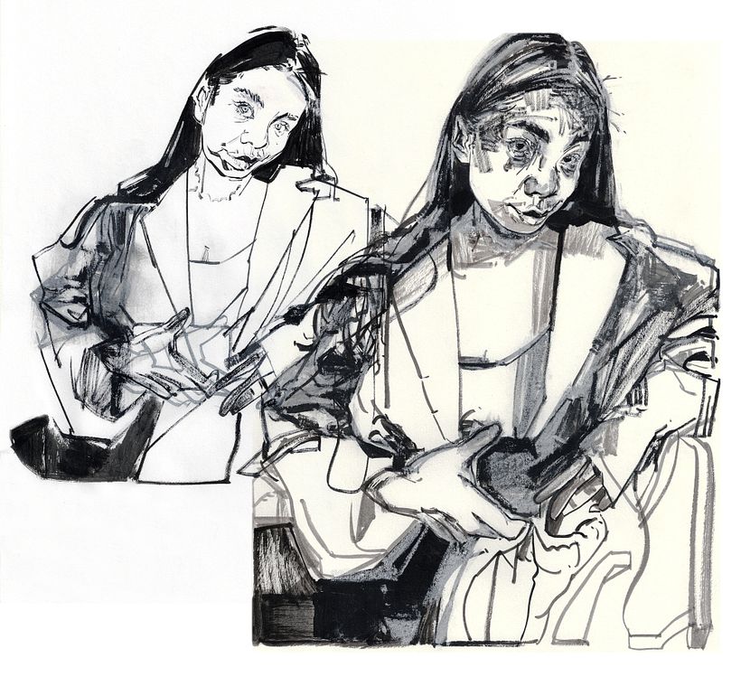 Collage of drawings in ink and chalk pastel on copy and cardstock paper.