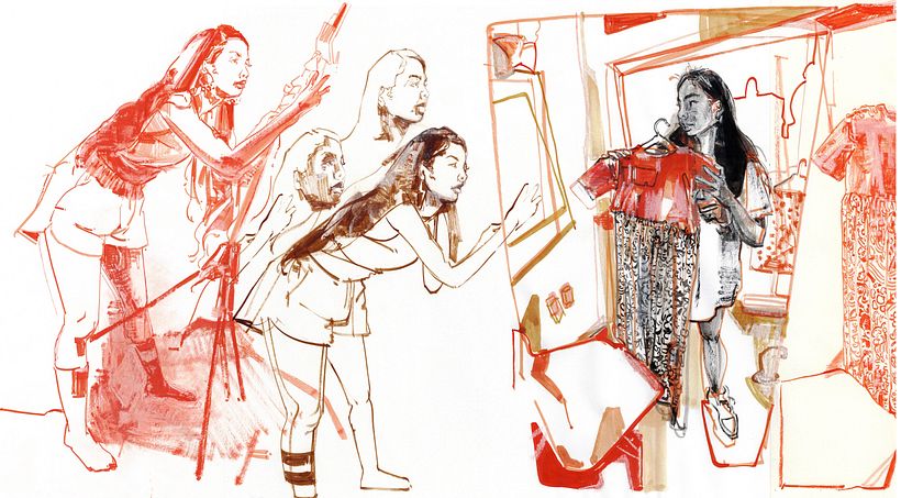 Collage of drawings in ink and chalk pastel on copy and cardstock paper.