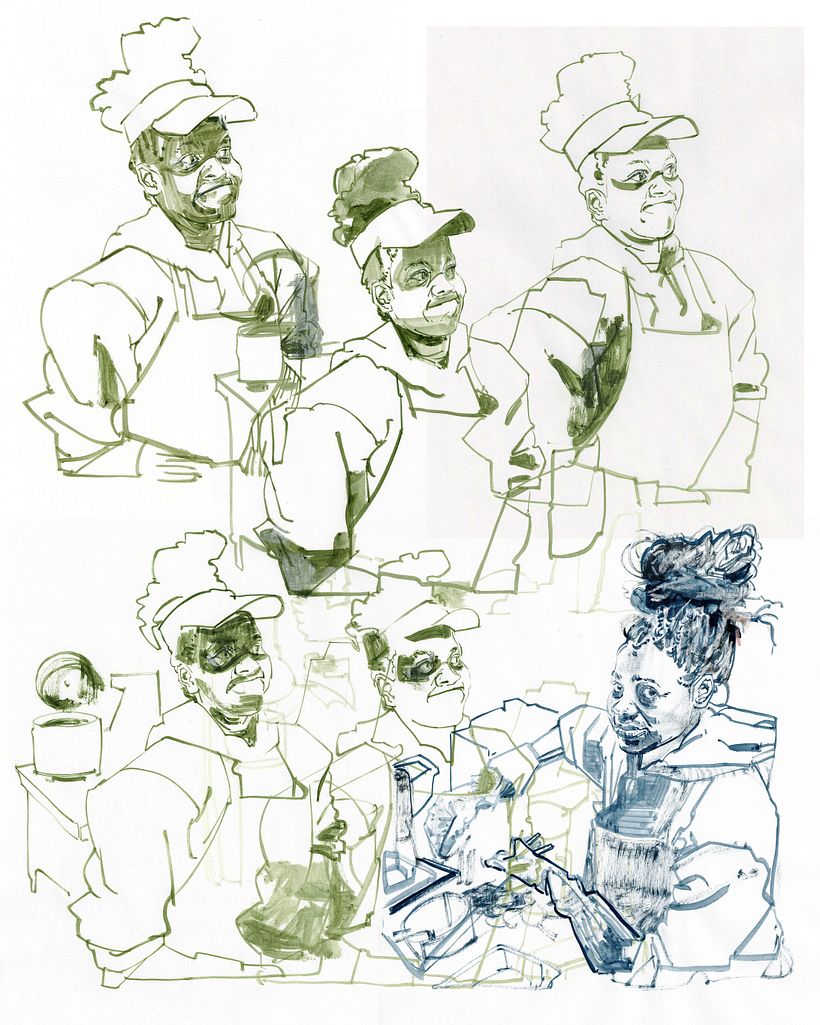 Collage of drawings in ink and chalk pastel on copy paper.