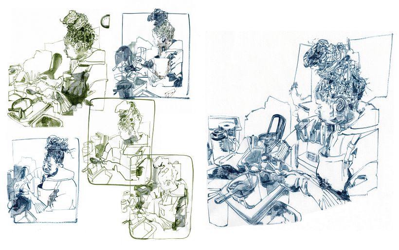 Collage of drawings in ink and chalk pastel on copy paper.