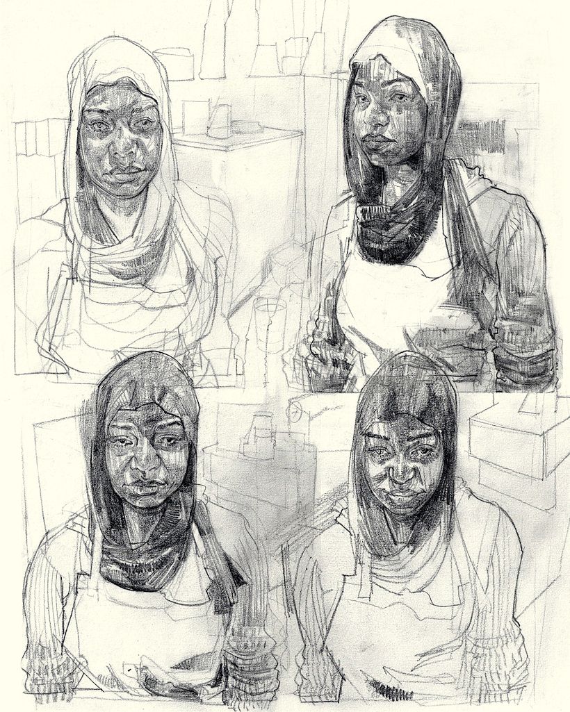 Collage of drawings in graphite pencil on cardstock paper.