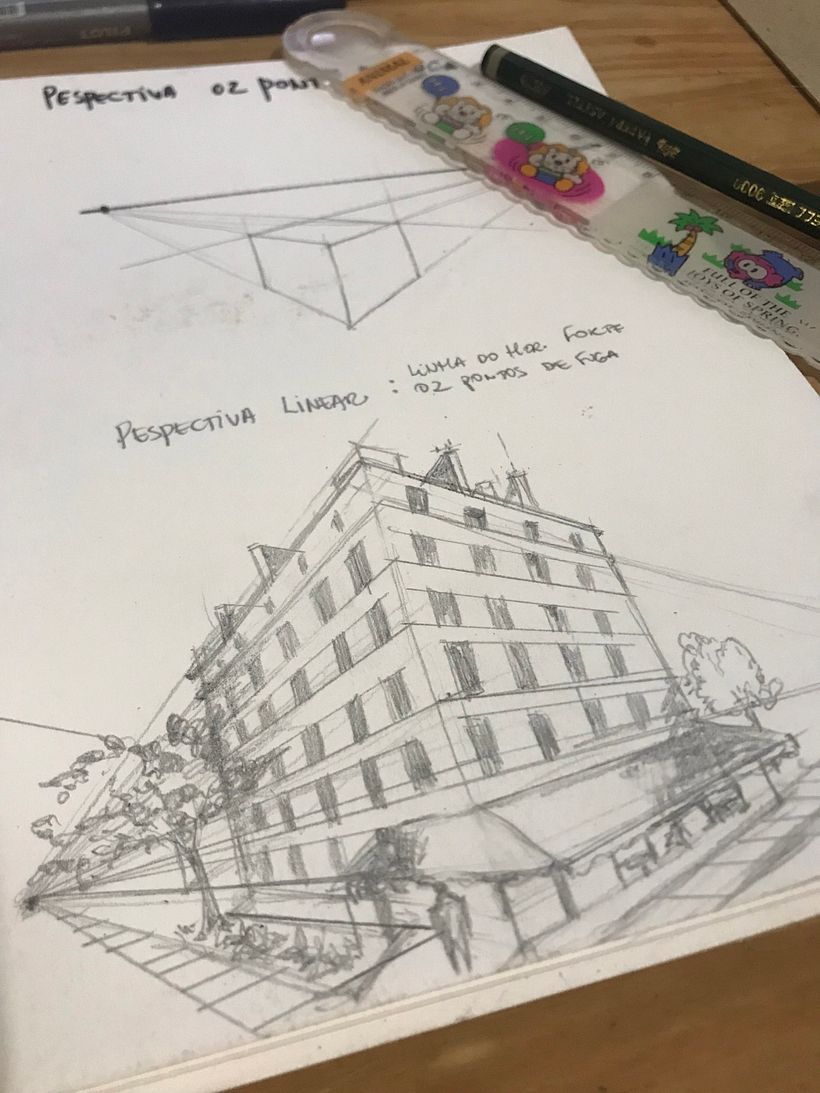 Esboço sobre perspectiva de dois pontos de filha. Rabisco de fachada.