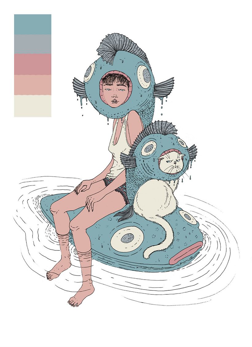 This has been my color palette. I usually color the spaces with a flat brush and I add the watercolour texture afterwards.