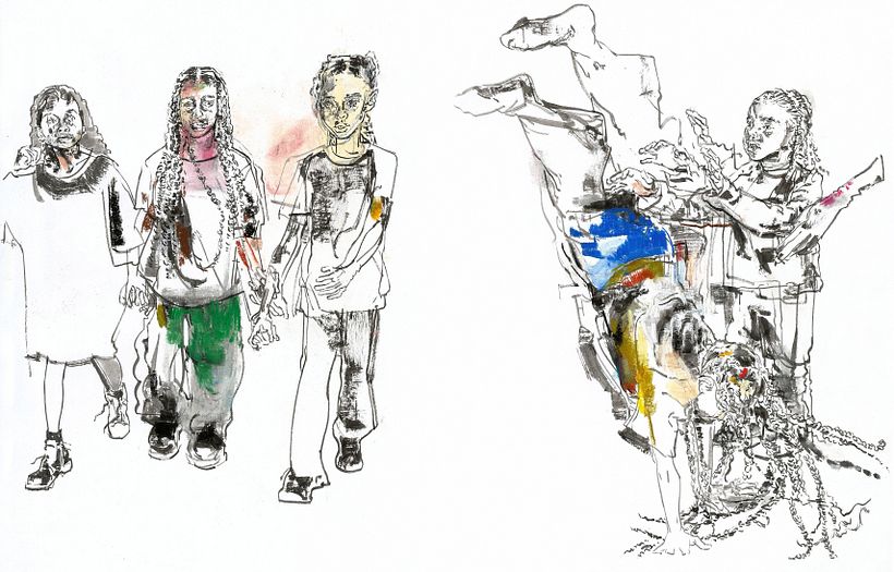 Drawings in ink and chalk pastel on copy paper.