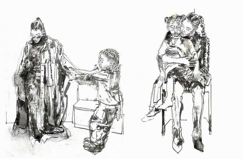 Drawings in ink and chalk pastel on copy paper.