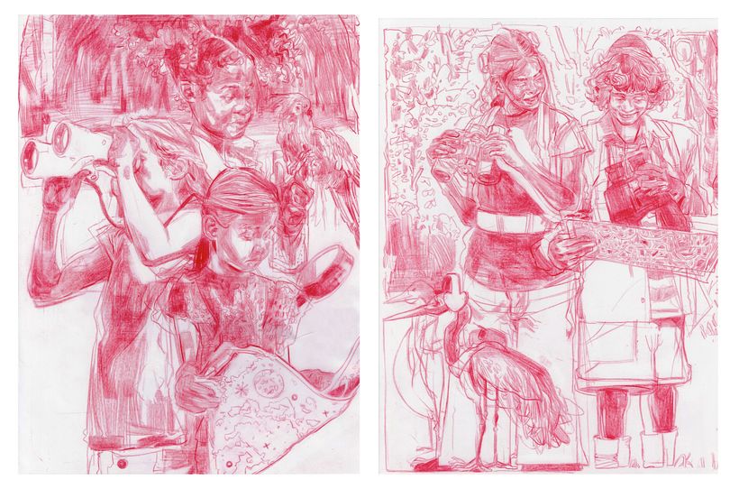 Drawings in wax pencil on mylar.