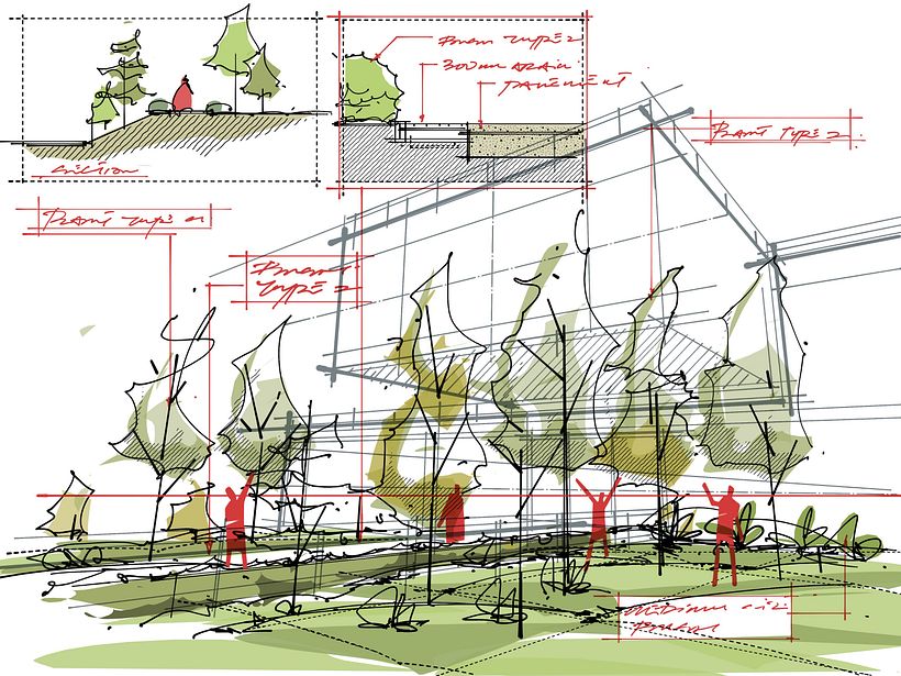 Landscape perspective and diagrams. This is a quick method to study some detail construction termination etc.