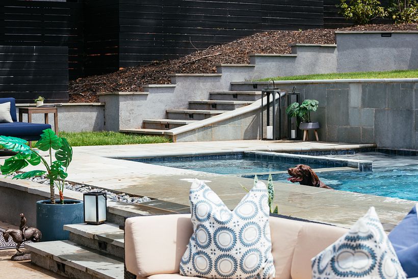 The dog loves the pool, too!