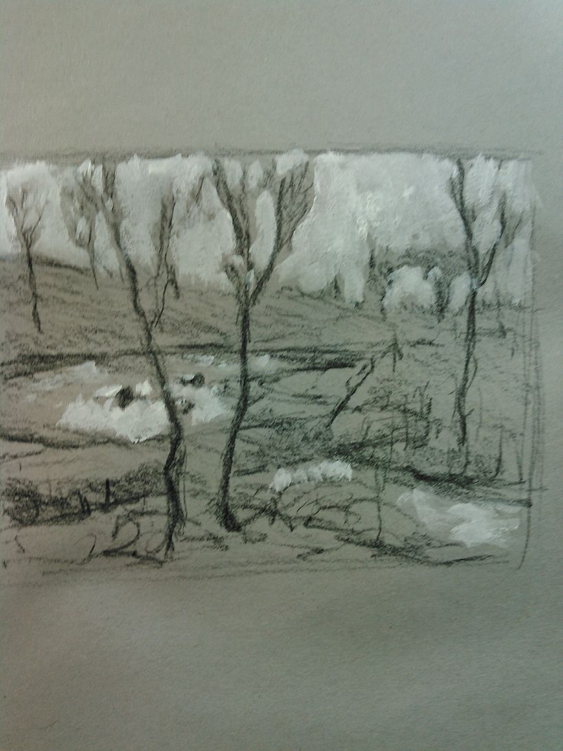 Sugar Creek Wapello County IA, 4x4 inches charcoal and gouache on toned paper
